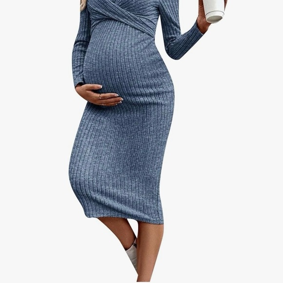 Dresses & Skirts - Ribbed Tie-Waist Blue Knit Dress